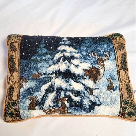 Riverdale Winter Scene Deer Tapestry Throw Pillow 16x12 - Picture 1 of 13